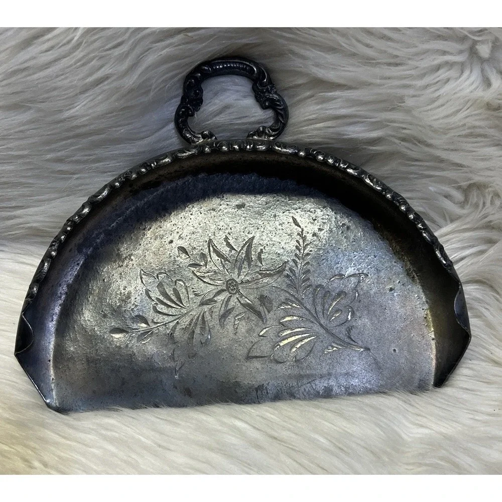 New England Table Crumb Tray‎ Quadruple Plate Silent Butler Metal Floral Design